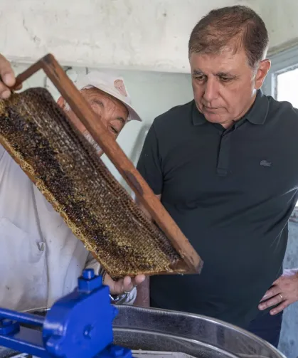 İzmir'de Başkan Tugay üreticiyle bal sağdı