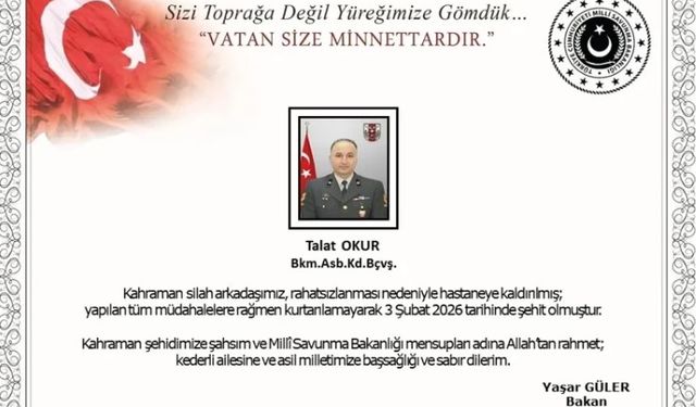 Milli Savunma Bakanlığı duyurdu: Astsubay Kıdemli Başçavuş Talat Okur şehit oldu